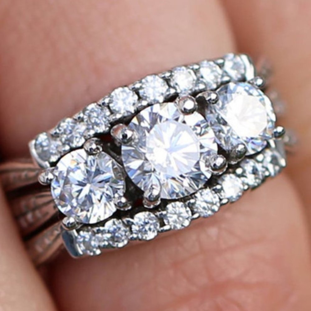 🌸925 Silver Plated Hollow Shiny 3 Layers Prong CZ Ring, MARR9358